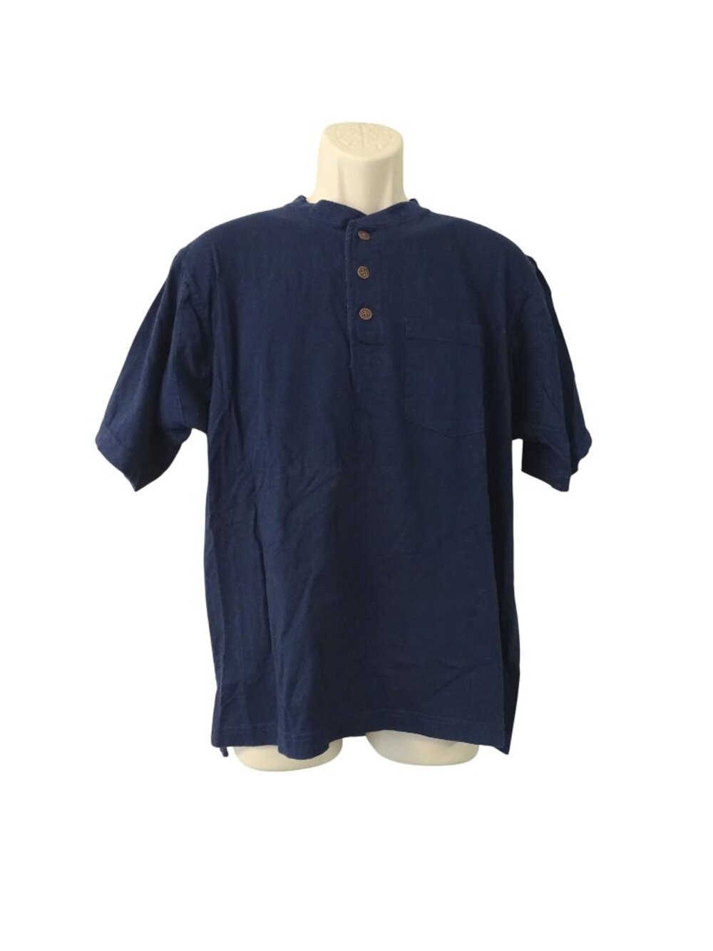 Smiths Workwear Men Navy Blue Henley Shirt Size L Short Sleeve Pocket Casual